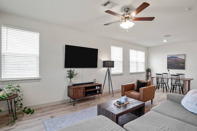 living room featuring ceiling fan and light wood-type flooring