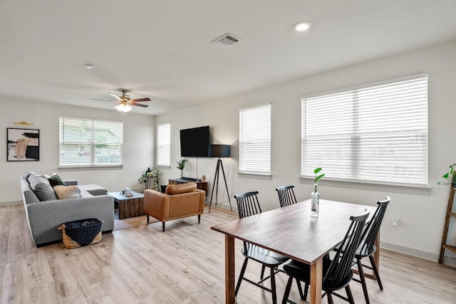 dining room with ceiling fan and light hardwood / wood-style flooring