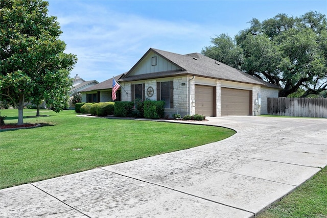 ranch-style home with a garage and a front lawn