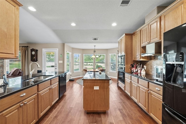 kitchen with sink, a center island with sink, dark hardwood / wood-style floors, and black appliances