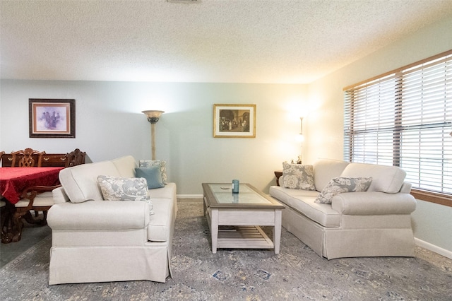 living room featuring a textured ceiling