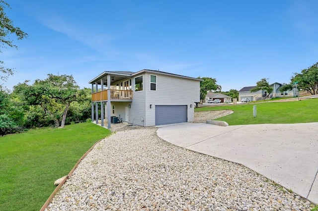 21201 Norris Cv, Lago Vista, TX 78645 - view of property exterior with concrete driveway, a lawn, a garage, and central AC unit