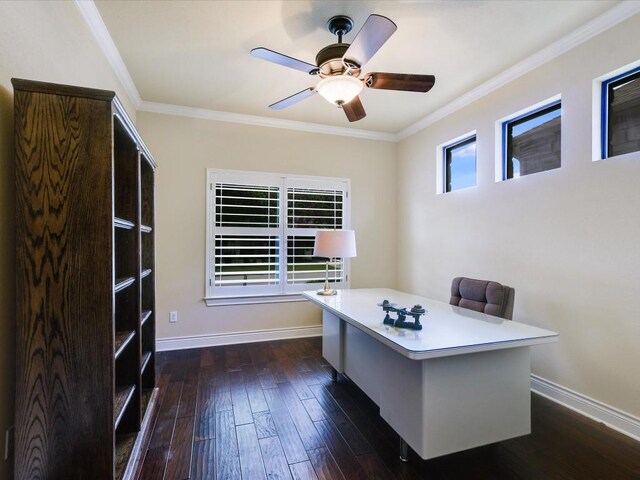 unfurnished office with dark wood-type flooring, ceiling fan, and crown molding