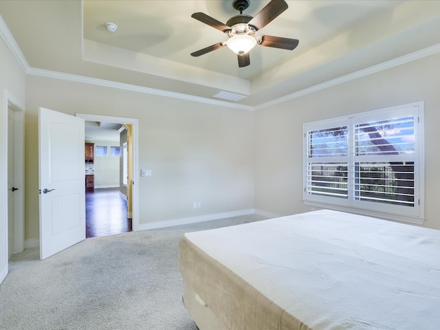 unfurnished bedroom featuring crown molding, carpet flooring, ceiling fan, and a raised ceiling