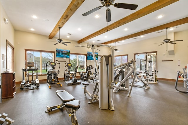 gym featuring ceiling fan, recessed lighting, beamed ceiling, and baseboards