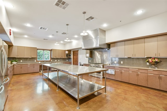 kitchen featuring wall chimney range hood, concrete flooring, appliances with stainless steel finishes, tasteful backsplash, and recessed lighting