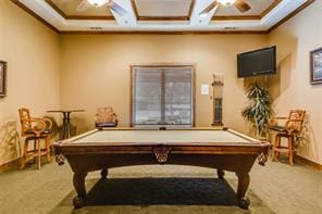 rec room with carpet floors, crown molding, pool table, ceiling fan, and coffered ceiling