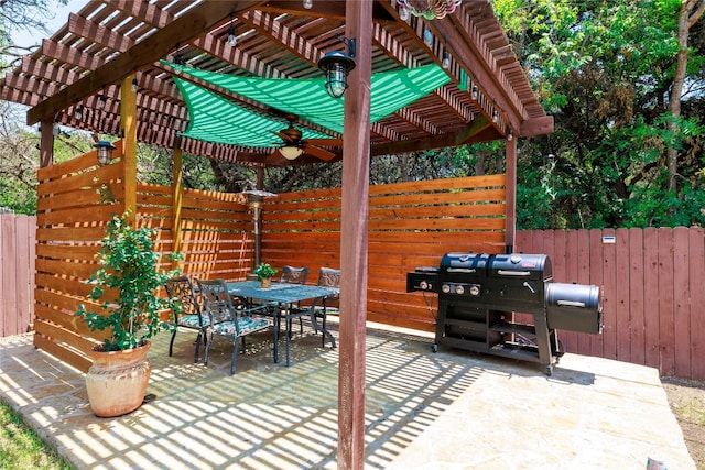 view of patio featuring a fenced backyard, outdoor dining area, a pergola, and grilling area