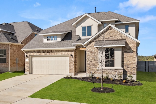 craftsman house with a front lawn and a garage