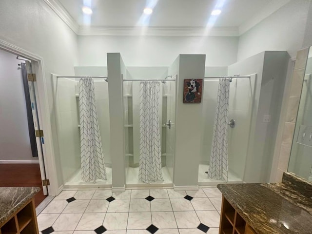 bathroom with curtained shower, crown molding, and tile floors