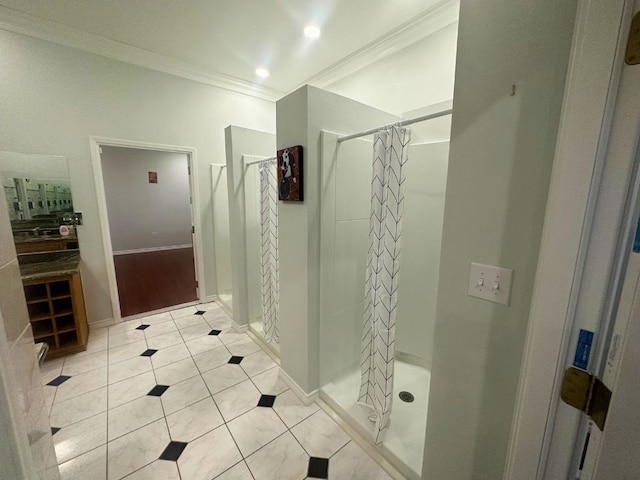 bathroom featuring a shower with curtain, tile flooring, and ornamental molding