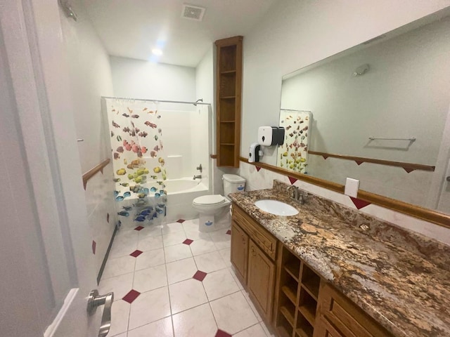 full bathroom featuring tile flooring, shower / bath combination with curtain, toilet, and vanity