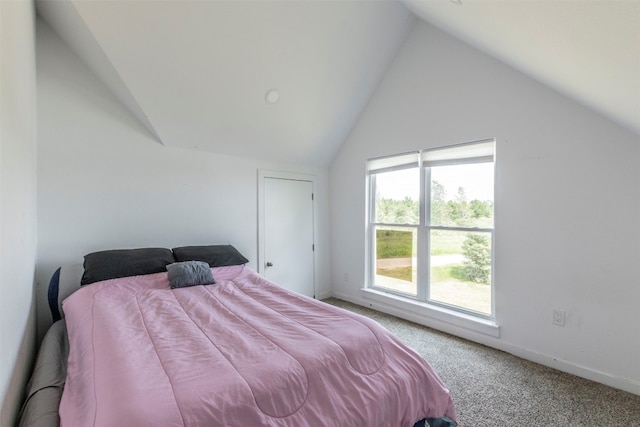 bedroom featuring carpet and vaulted ceiling