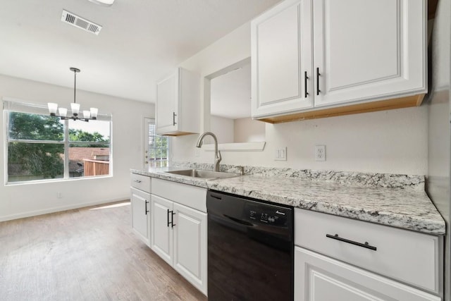 kitchen with dishwasher, white cabinets, light stone countertops, and sink