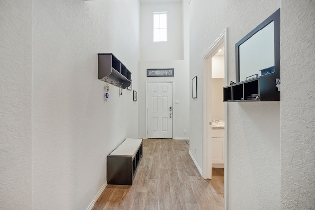 interior space featuring light hardwood / wood-style floors and a towering ceiling