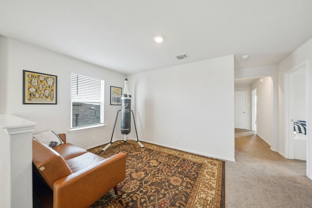 sitting room with light colored carpet