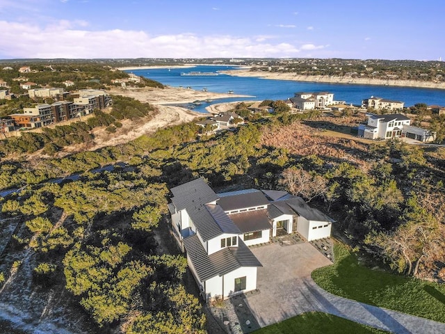 drone / aerial view featuring a water view