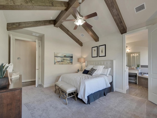 carpeted bedroom featuring ceiling fan and lofted ceiling with beams