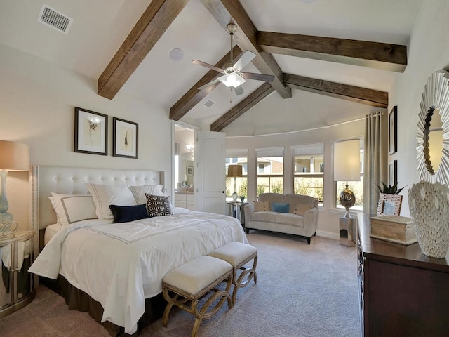 carpeted bedroom featuring beamed ceiling, high vaulted ceiling, and ceiling fan