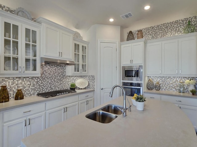 20517 Martin Ln, Pflugerville, TX 78660 - kitchen with a sink, stainless steel appliances, under cabinet range hood, white cabinetry, and light countertops