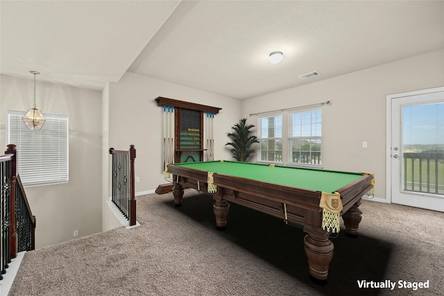 playroom with carpet floors and billiards