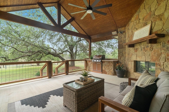 1451 Gatlin Creek Rd E, Driftwood, TX 78619 - wooden terrace featuring a grill, outdoor lounge area, ceiling fan, and area for grilling
