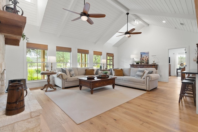1451 Gatlin Creek Rd E, Driftwood, TX 78619 - living room with ceiling fan, light wood-type flooring, high vaulted ceiling, and beam ceiling
