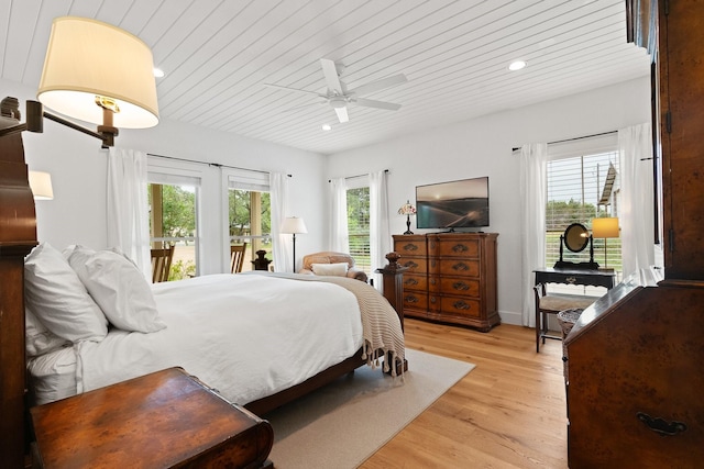 1451 Gatlin Creek Rd E, Driftwood, TX 78619 - bedroom with ceiling fan, light hardwood / wood-style flooring, wood ceiling, and multiple windows