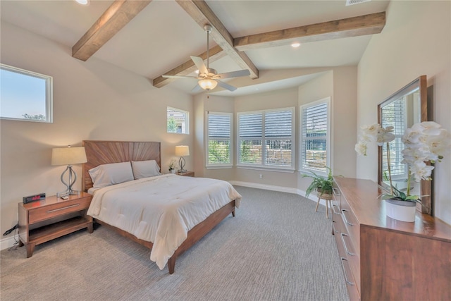 bedroom with carpet flooring, beamed ceiling, and ceiling fan