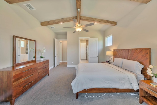 bedroom with ceiling fan, lofted ceiling with beams, and carpet flooring