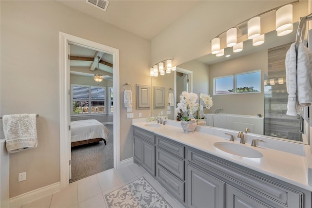 bathroom featuring tile flooring, double sink, vaulted ceiling with beams, large vanity, and ceiling fan