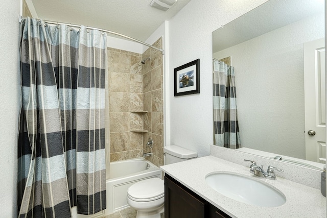 full bathroom with toilet, vanity, and shower / tub combo