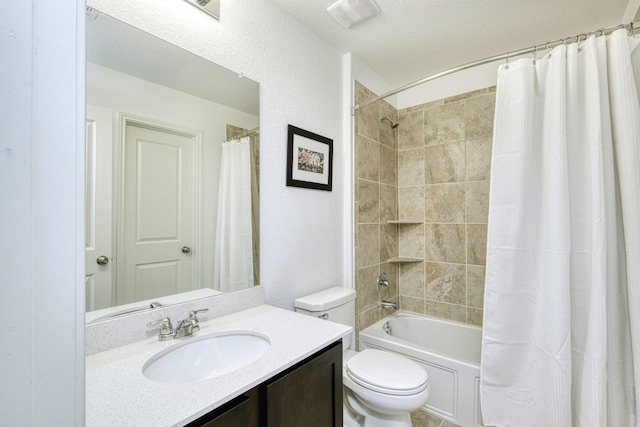 full bathroom with toilet, vanity, a textured ceiling, and shower / bathtub combination with curtain