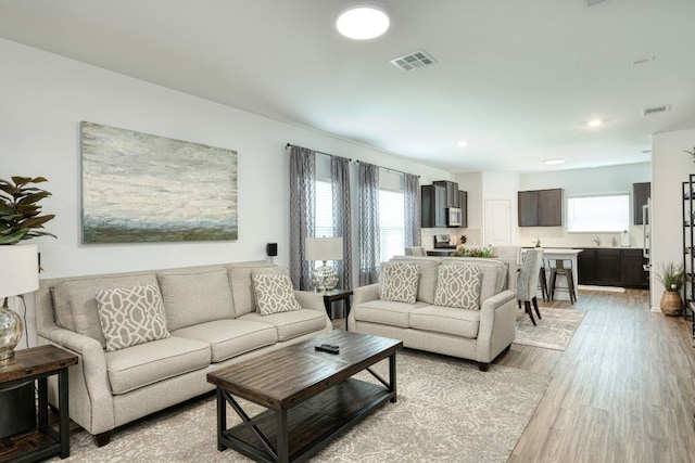 living room featuring light wood-type flooring, plenty of natural light, and sink