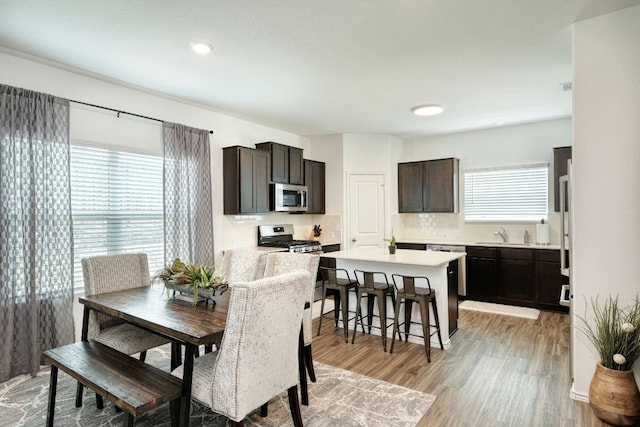 dining room with a healthy amount of sunlight, light hardwood / wood-style floors, and sink