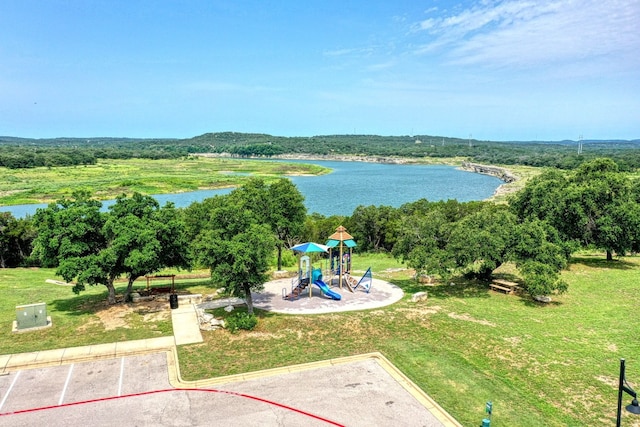 bird's eye view with a water view