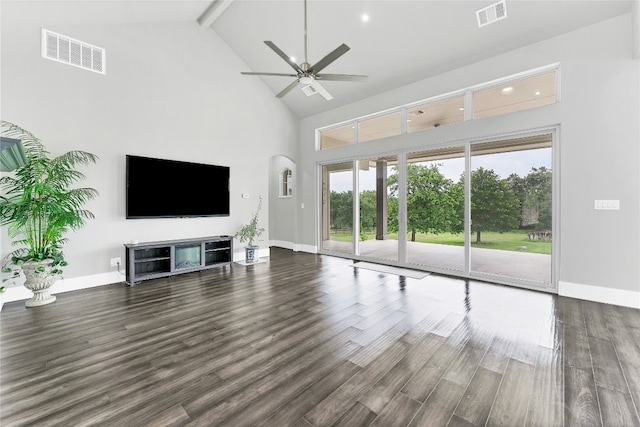 unfurnished living room featuring beam ceiling, dark hardwood / wood-style flooring, high vaulted ceiling, and ceiling fan