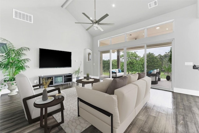 living room featuring beamed ceiling, ceiling fan, dark wood-type flooring, and high vaulted ceiling