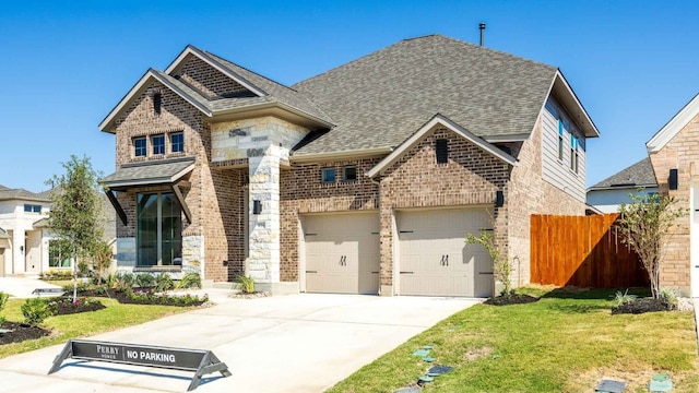 view of front of house featuring a garage and a front lawn