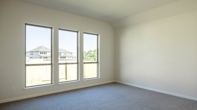 unfurnished room with lofted ceiling, plenty of natural light, and carpet floors