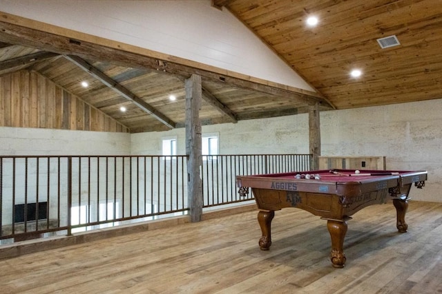 rec room featuring beamed ceiling, hardwood / wood-style flooring, wooden ceiling, and billiards