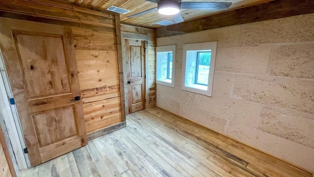 spare room featuring light hardwood / wood-style floors, ceiling fan, and wooden walls