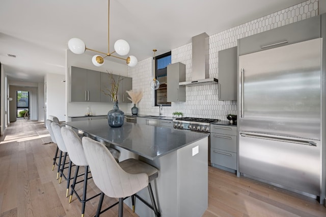 kitchen featuring tasteful backsplash, wall chimney range hood, gray cabinets, high quality appliances, and light hardwood / wood-style floors