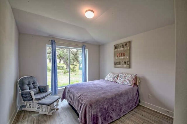 bedroom with hardwood / wood-style flooring and vaulted ceiling