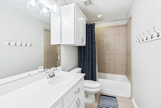 full bathroom with tile patterned flooring, vanity, toilet, and shower / bathtub combination with curtain