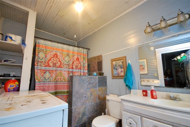 bathroom with wooden ceiling, vanity with extensive cabinet space, toilet, and tile walls