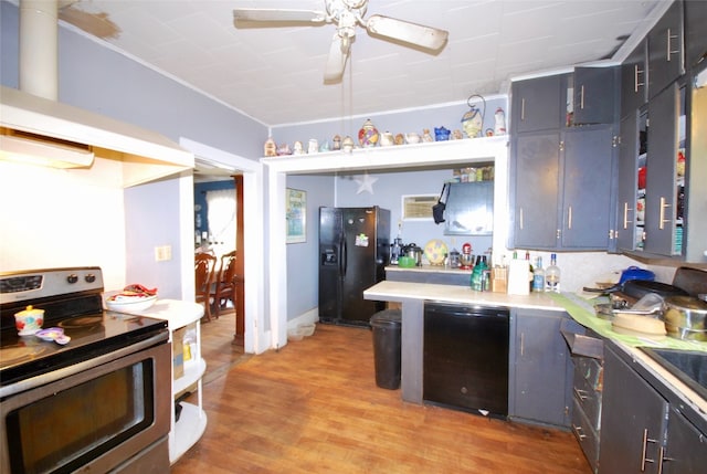 kitchen with ceiling fan, light wood-type flooring, black appliances, and ornamental molding