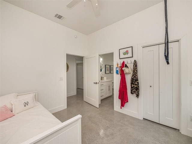 bedroom with connected bathroom and ceiling fan