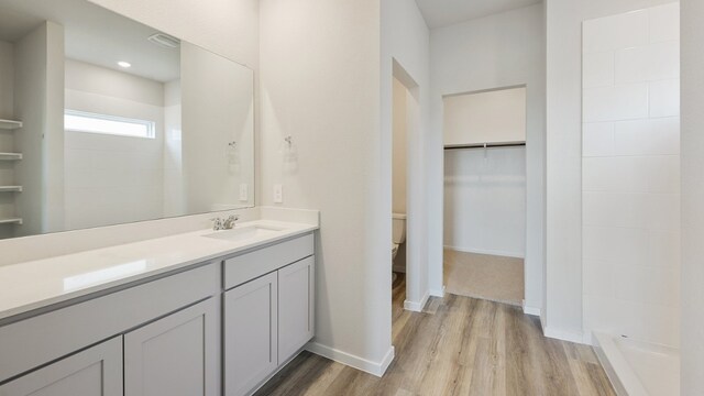 bathroom with toilet, vanity, hardwood / wood-style flooring, and walk in shower