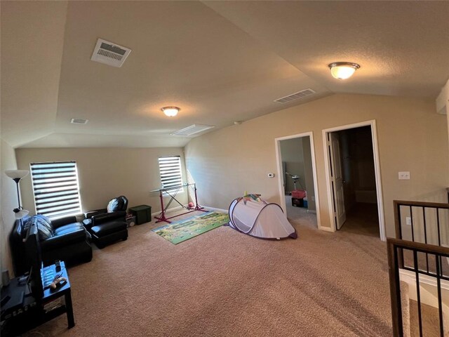 playroom with lofted ceiling and carpet floors